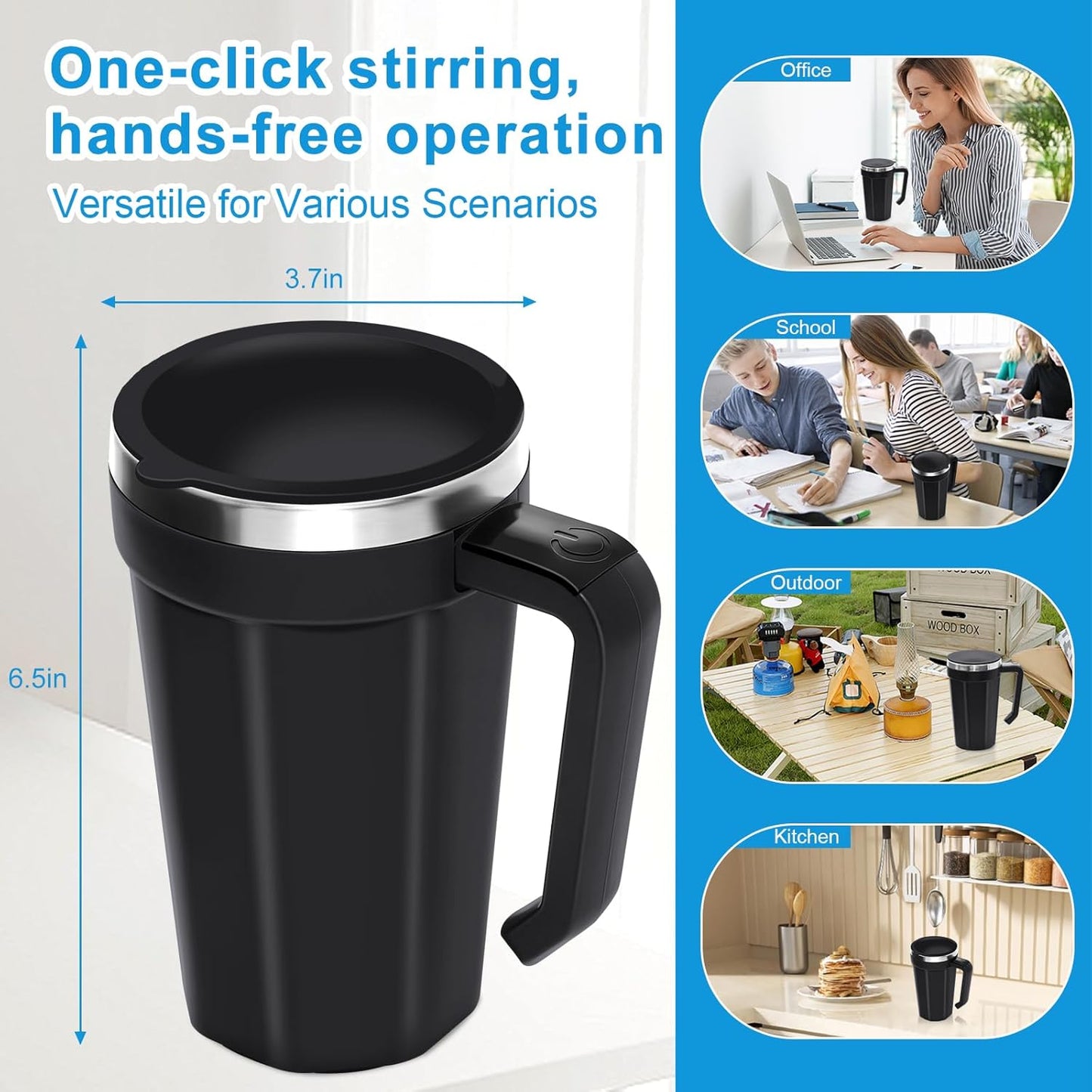 Self Stirring Coffee Mug with Temperature Display, 15oz Automatic Magnetic Mixing Cup, Rechargeable Travel Mug for Coffee, Milk, Cocoa - (Black)