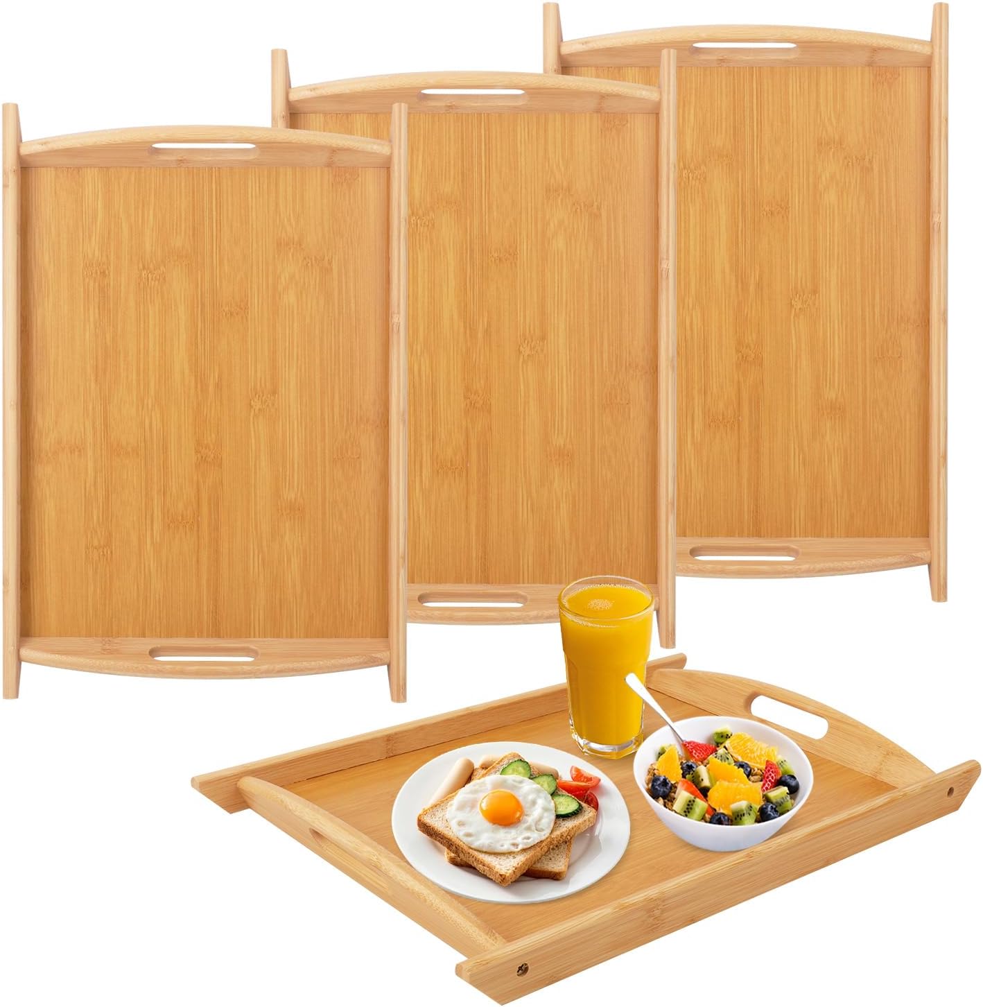 4 Pack 17.3 Inch Large Bamboo Serving Tray with Handle, Decorative Bamboo Breakfast Tray for Breakfast, Kitchen, Outdoor Picnic, Snack (17.3 x 12 x 1.2 Inch)