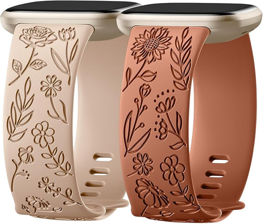SNBLK 2 Pack Engraved Bands Only Compatible with Fitbit Versa 3/Fitbit Sense/Fitbit Versa 4/Fitbit Sense 2 Bands Four Models, Sunflower Rose Elegant Soft TPU Floral Pattern Replacement Strap Women