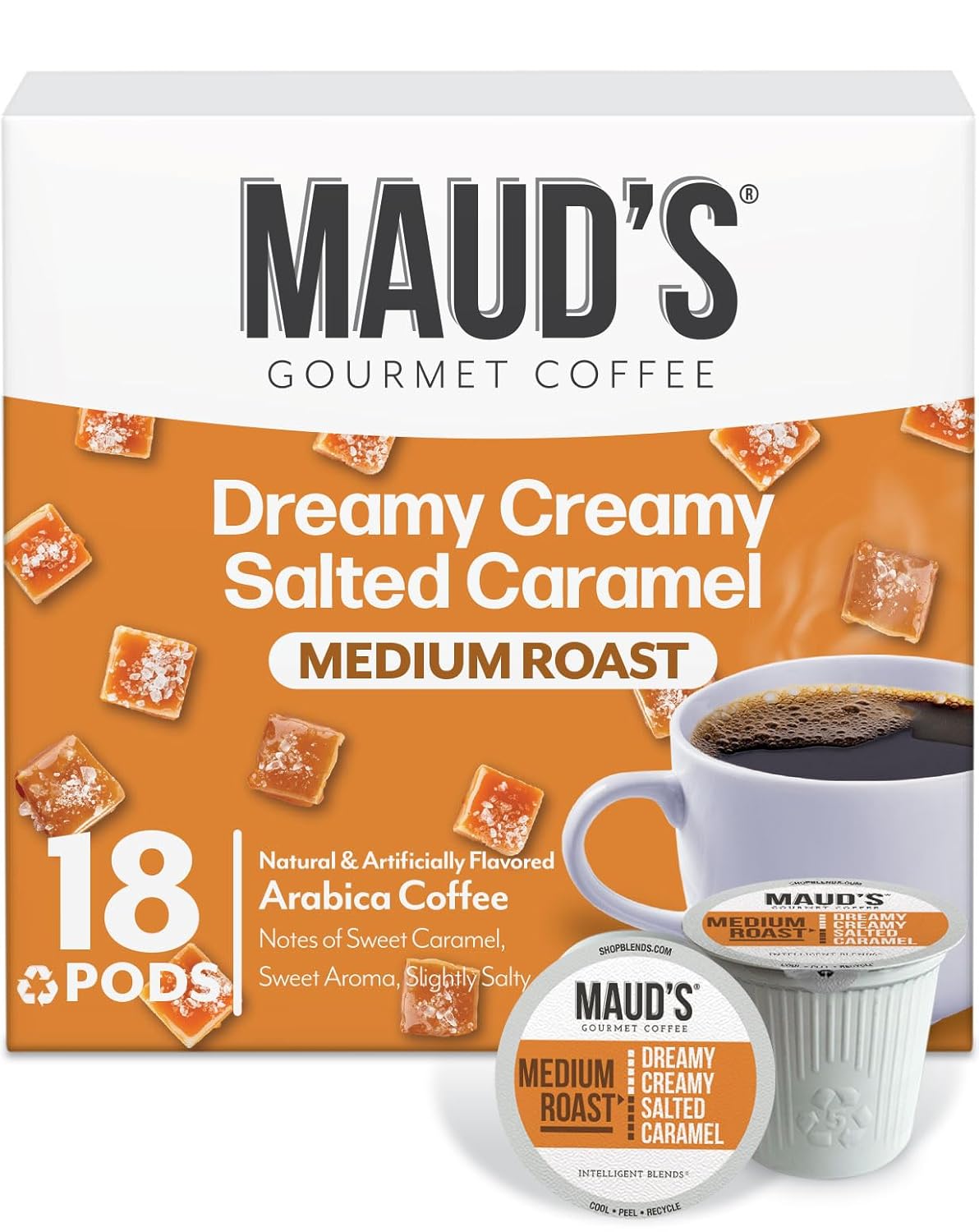 Maud's Salted Caramel Flavored Coffee Pods, 18 ct, Medium Roast Flavored Coffee in Recyclable Single Serve Pods – 100% Arabica Beans, Compatible with Keurig K Cups Maker