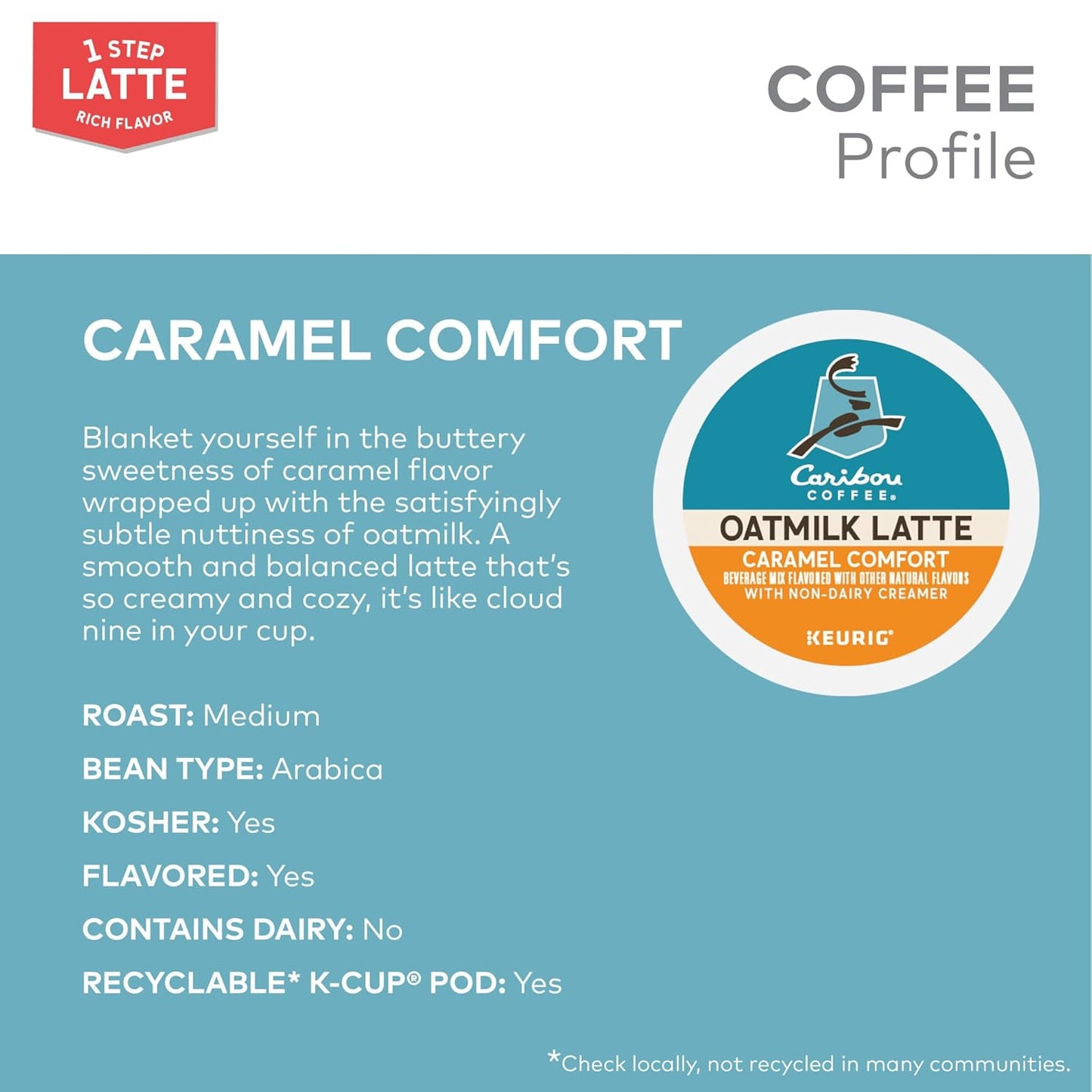 Caribou Coffee Caramel Comfort Oatmilk Latte, One Step Latte Single Serve Keurig K-Cup Pods, 60 Count (6 Packs of 10)