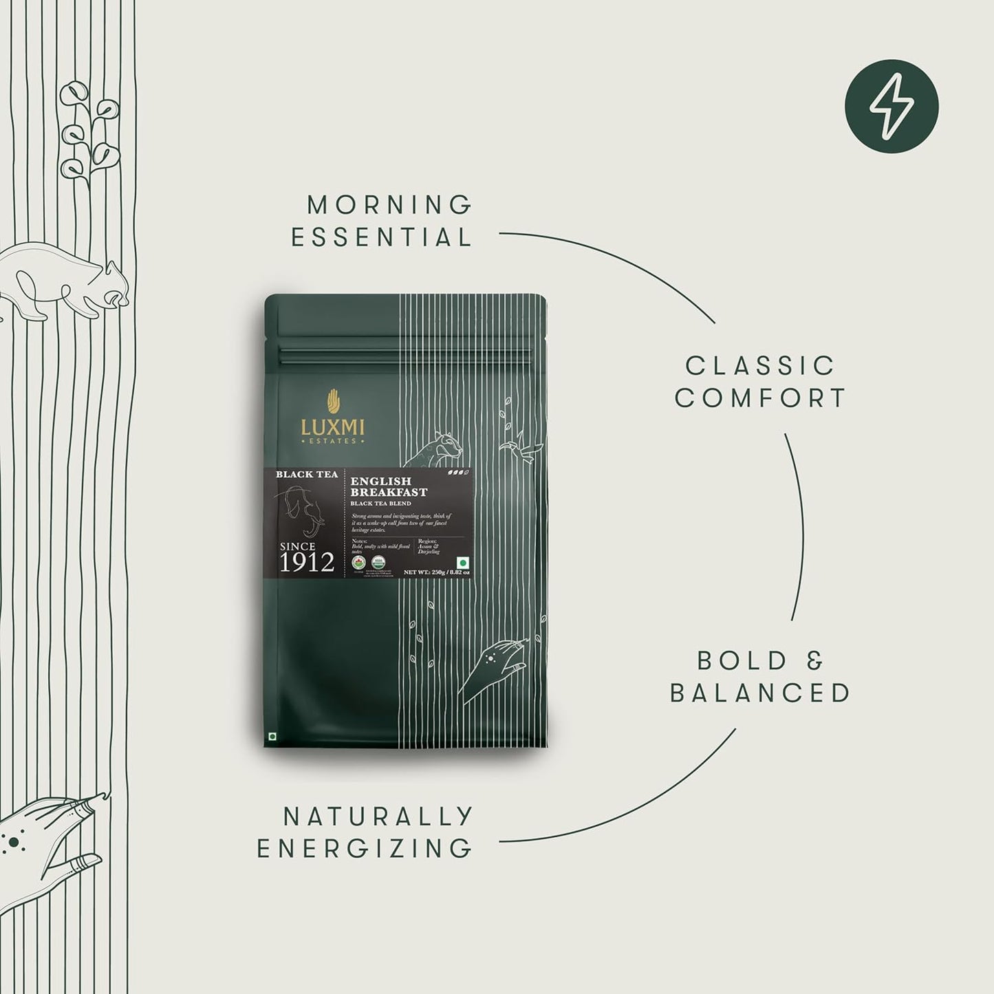 Luxmi Estates English Breakfast Tea 250g Loose Leaf Tin | A Tale of Two Estates | Certified Organic Black Tea leaf | Smooth, Flavorful, Robust, Caffeinated | Darjeeling & Assam Tea from India | 125 Cups