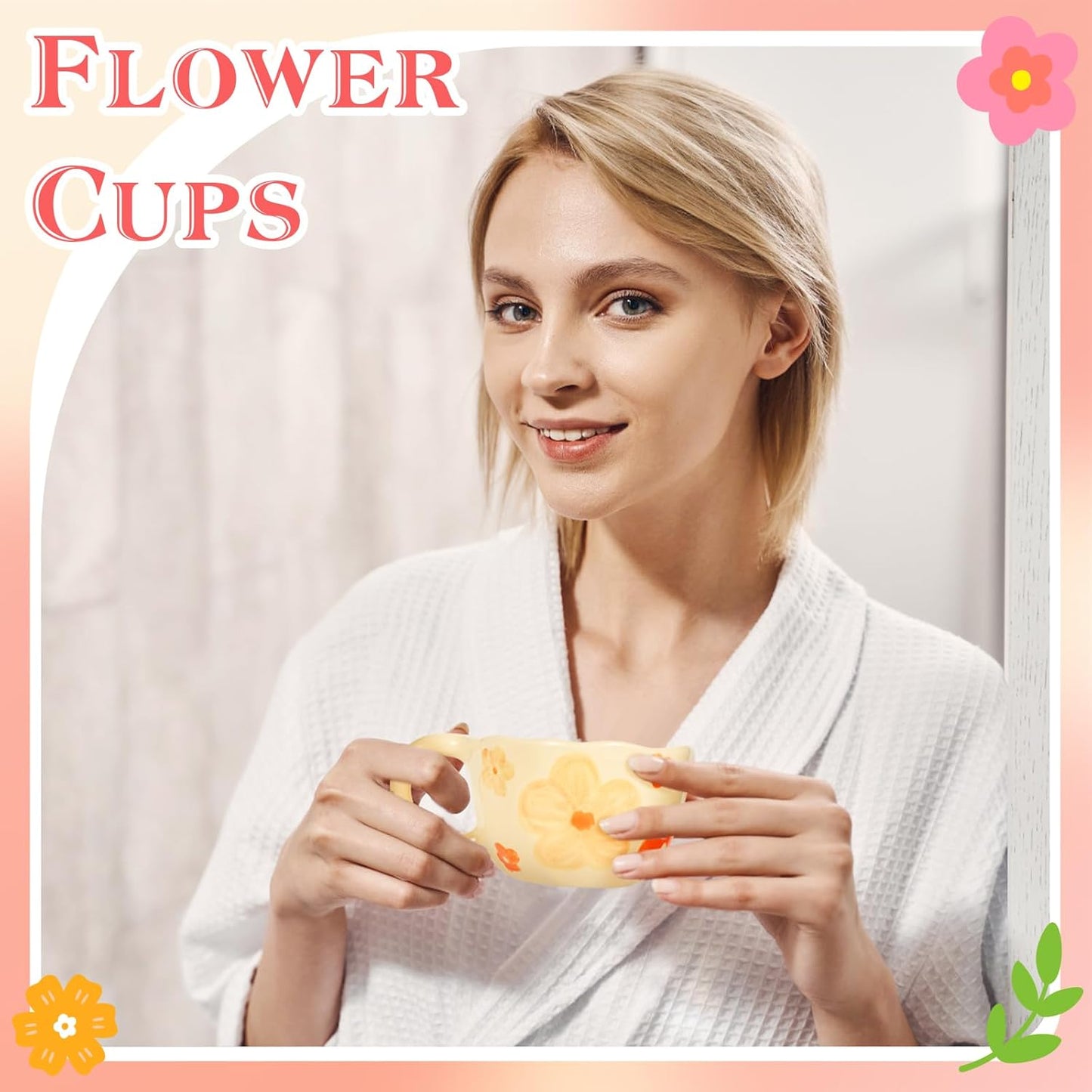 Ceramic Coffee Mug Set of 2 Vintage Flower Mugs 8 oz Cute Floral Coffee Mugs Irregular Latte Art Cup Lead-free Porcelain Cups for Cappuccino, Cocoa (2 Orange Flower)