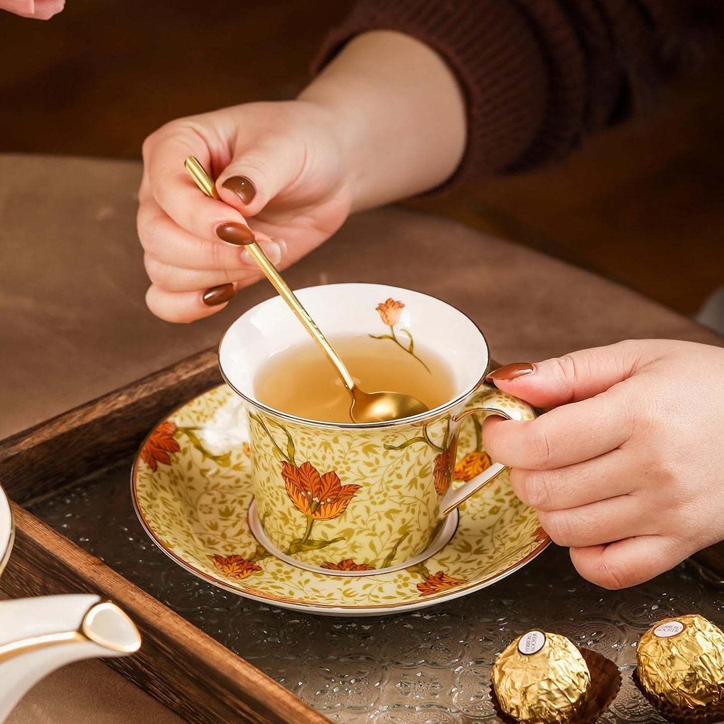 ACMLIFE Tea Set for Adults- Fine China Tea Set for 6, 21-Piece Vintage British Coffee Set English Porcelain Tea Pot Sets for Adult Tea Party for Women Gift (Tulip Yellow, Extra Large 21)