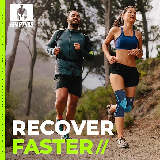 Sparthos Knee Compression Sleeves by (Pair) - Support for Sports, Running, Joint Pain Relief - Knee Brace for Men and Women - Elder ACL PCL Bursitis Meniscus Tear Patella and Runner Knee (Blue-L)