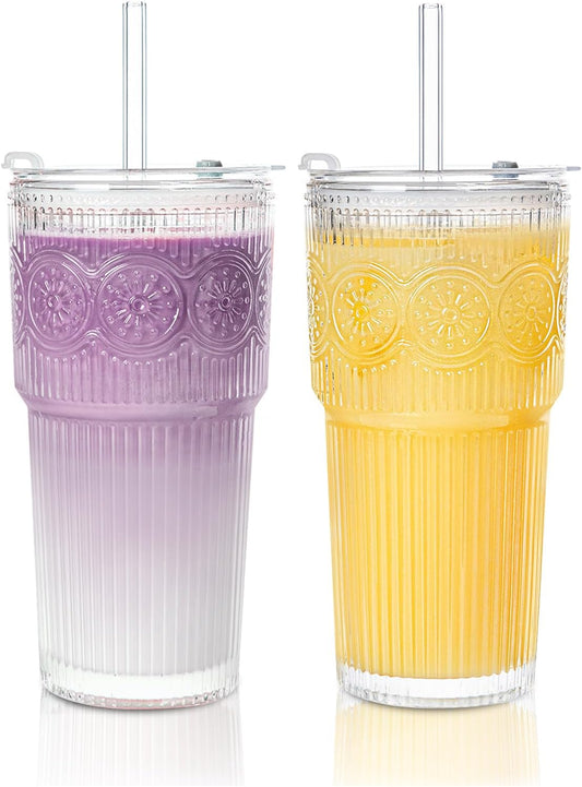 20oz Ribbed & Floral Glass Tumbler Set of 2 – Reusable Glass Cups with Lid and Glass Straw, To-Go Iced Coffee Cups for Water, Smoothie, Milk, Cocktail & More – Perfect for Daily Use & Travel