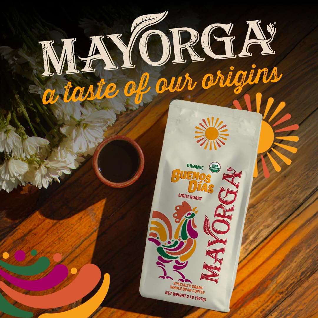 Mayorga Organic Coffee 2lb Buenos Dias - Light Roast Whole Bean Coffee Specialty Grade, 100% Arabica, Slow Roasted, Citrusy and Sweet Flavor with Low Acidity - USDA Organic, Non-GMO, Kosher