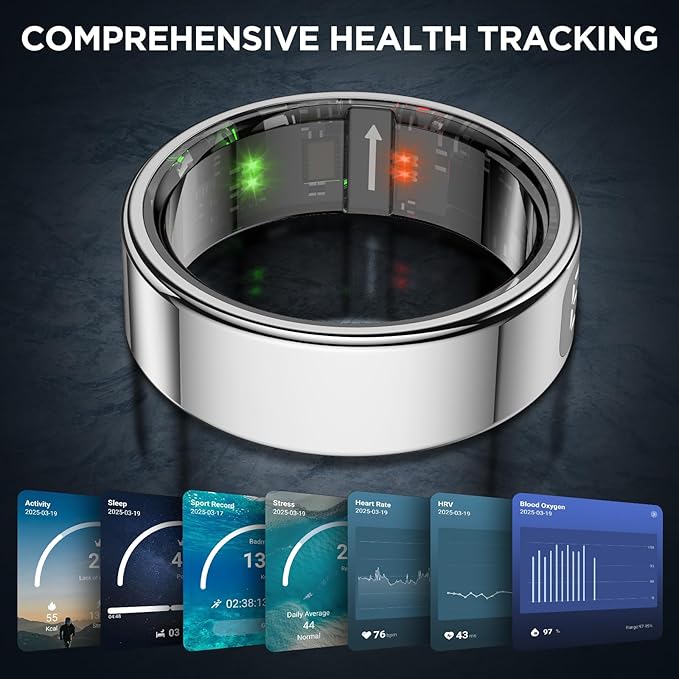 Smart Ring Health Tracker with Display Screen, Sleep Tracker with Heart Rate, Fitness Ring Step Tracker for Activity Monitoring/Steps/Calories,Wireless Charging, for iOS Android (Silver,10#)