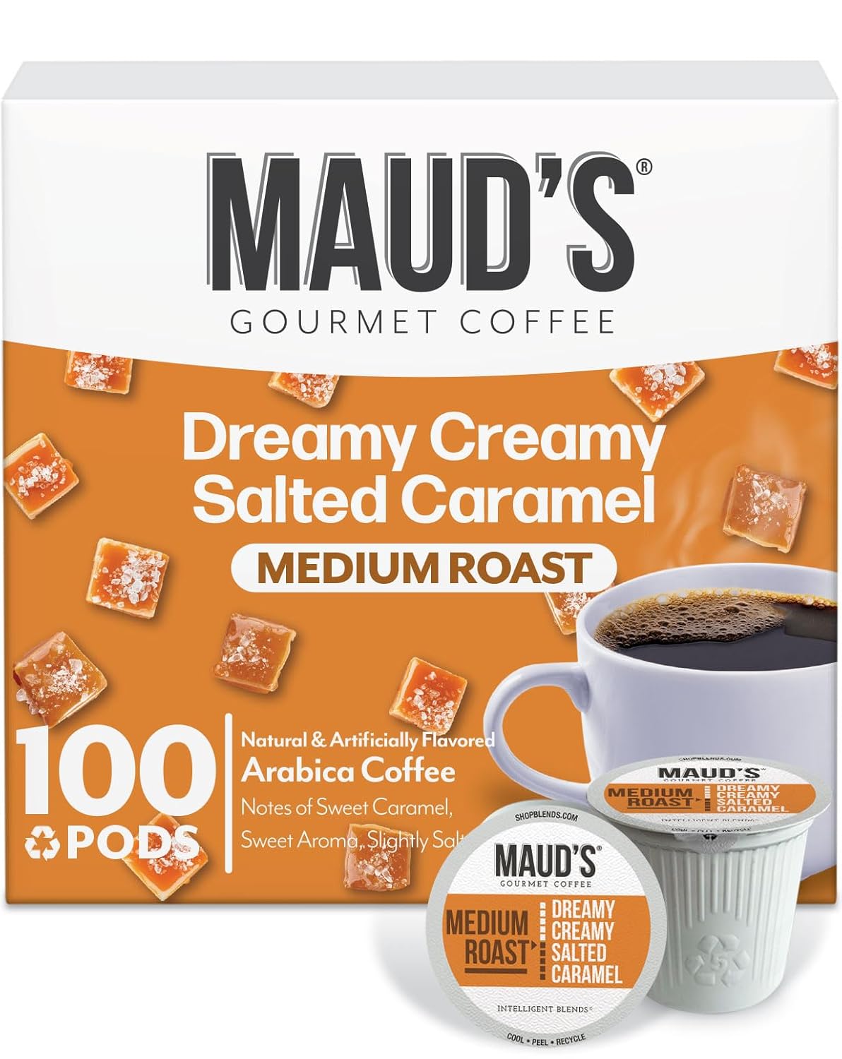 Maud's Salted Caramel Flavored Coffee Pods, 100 ct, Medium Roast Flavored Coffee in Recyclable Single Serve Pods – 100% Arabica Beans, Compatible with Keurig K Cups Maker