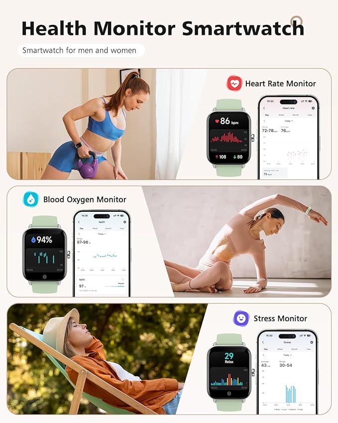 Smart Watch, Compatible with iPhone 9.0 or Above and Android 6.0 or Above, 45mm Men's and Women's Watch, Smartwatch Fitness Tracker, Fits Wrists 5.8-8.7 Inches (160-230mm), Waterproof, Green