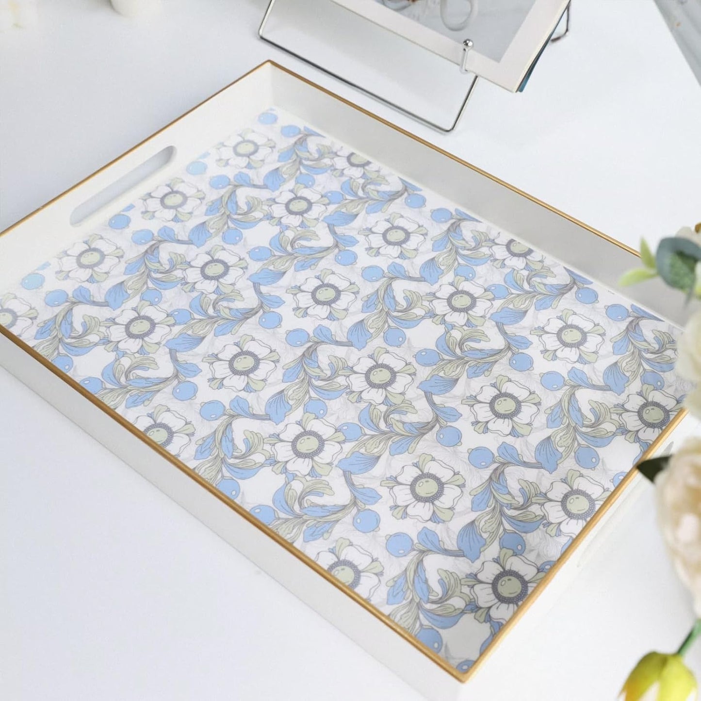 Rectangle Serving Tray with Handles, Coffee Table Tray for Ottoman, Organizer Vanity Tray for Living Room, Outdoor Tray for Patio Entertaining, Serving reakfast Kitchen Platter LEE3040BLH