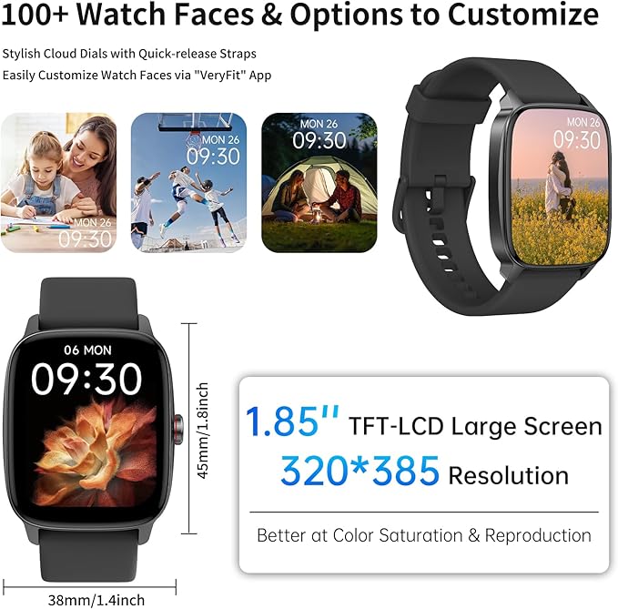 Smart Watch for Men Women, Bluetooth Calling, AI Built-in, IP68 Waterproof, Fitness Tracker, Sleep Monitoring, 1.85'' DIY Dial, 100+ Sports Modes, 7 Days Battery, Compatible with Android & iPhones