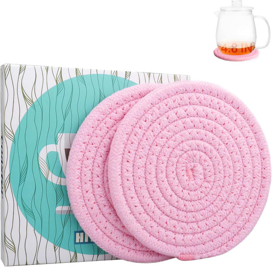 4.8" Sakura Pink Cotton Coasters for Drinks Set of 2 – Soft Absorbent Fabric Drink Pads for Coffee Cups, Boho Pastel Mug Mats for Desk, Nightstand, Dorm & Home Decor – Minimalist & Gift-Ready