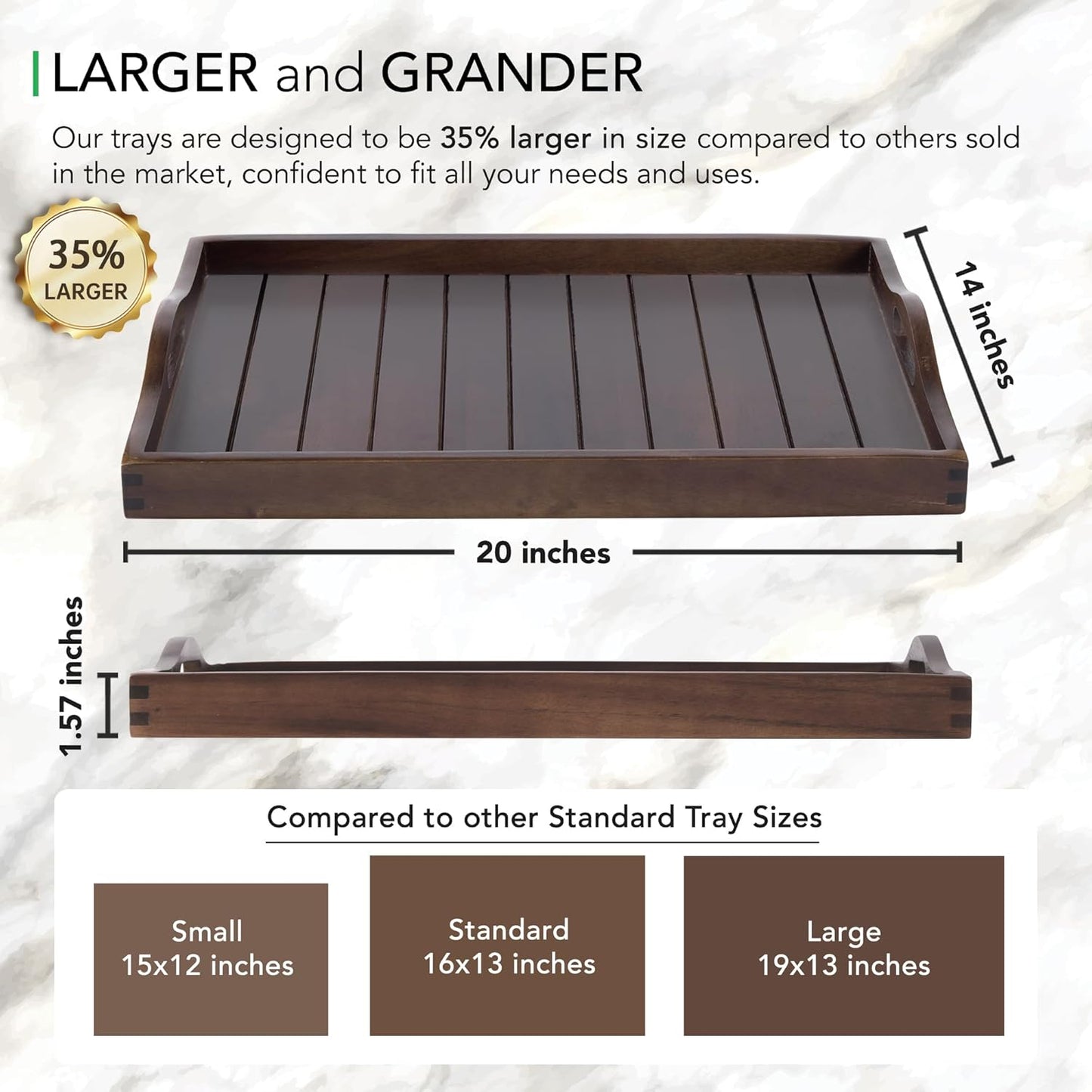 Large Acacia Wooden Serving Tray with Handles 20 x 14 inch Decorative Coffee Table Ottoman Tray for Living Room Extra Large for Kitchen Dinner Food Bar Breakfast in Bed (Color Brown)