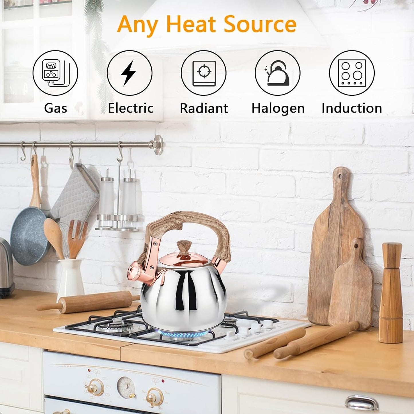 Stainless Steel Tea Kettle for Stove Top Teakettles Stovetop Whistling with Heat Proof Ergonomic Handle 2.5 Quart