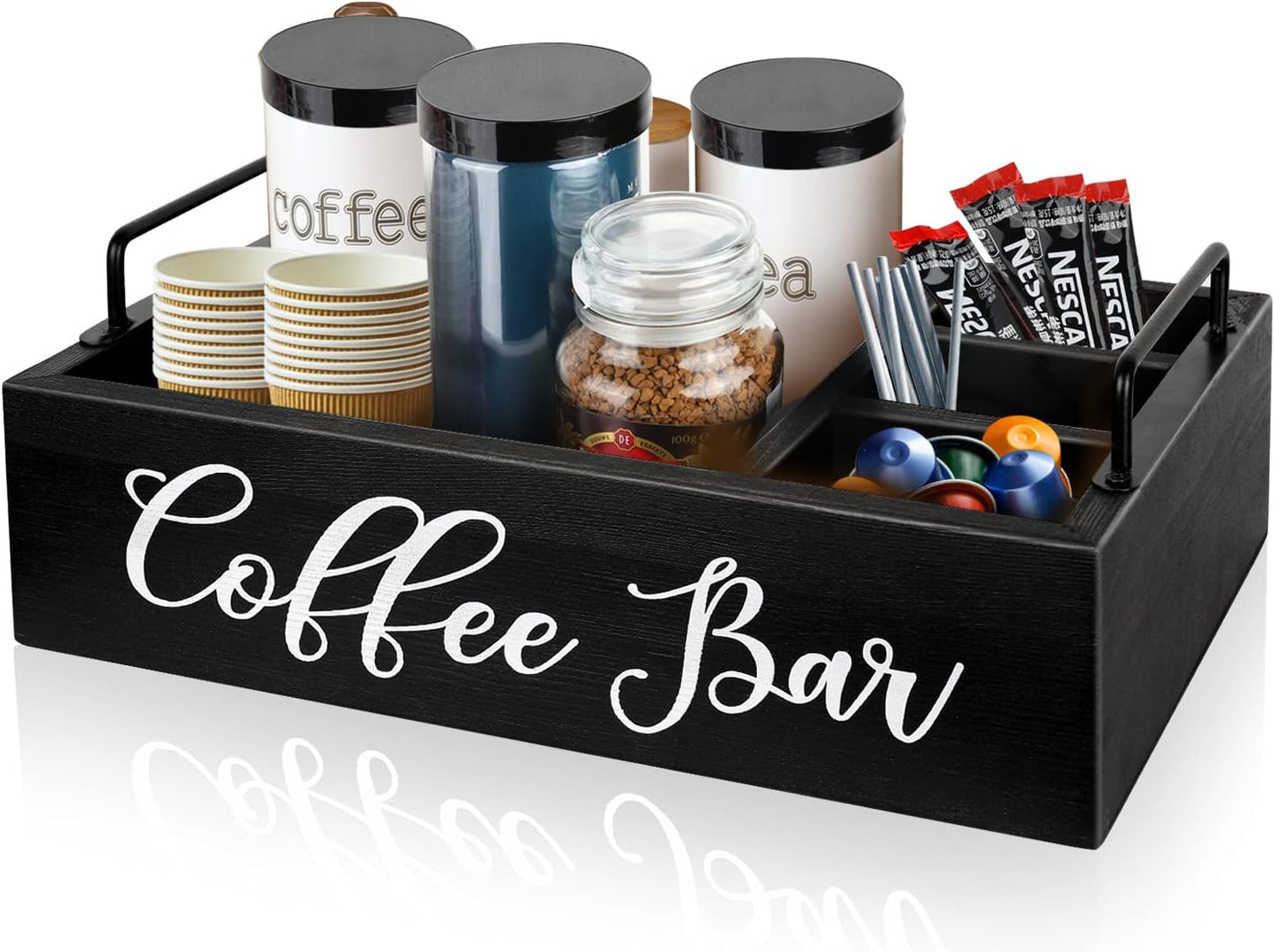 Coffee Station Organizer Wooden Coffee Bar Holder Accessories for Countertop, Farmhouse Kcup Pod Storage Basket with Handle - Black