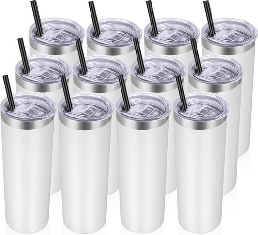 VEGOND Stainless Steel Tumblers Bulk 12 Pack, 20 oz Vacuum Insulated Skinny Tumblers with Lids and Straws, Double Wall Coffee Mug, Travel Water Cup, White
