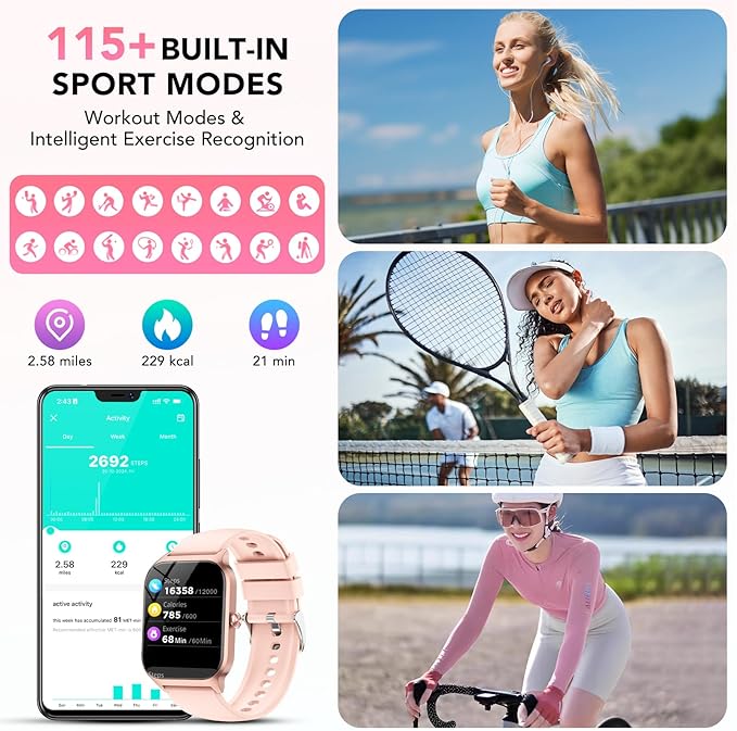 Smart Watch, 1.85" Smartwatch for Women(Answer/Make Call), 2025 Fitness Watch with 115+ Sports Modes/Heart Rate/SpO2/Pedometer/Sleep Monitor, IP68 Waterproof Activity Tracker for Android iOS, Pink