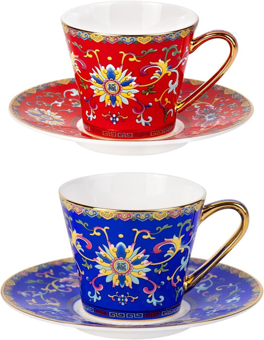 KAMMAK Tea Cups and Saucers Set of 2, Porcelain Coffee Cup with Saucer for Espresso, Cappuccino, 8oz Vintage Red and Blue Ceramic Demitasse Mug for Home, Tea Party, Office