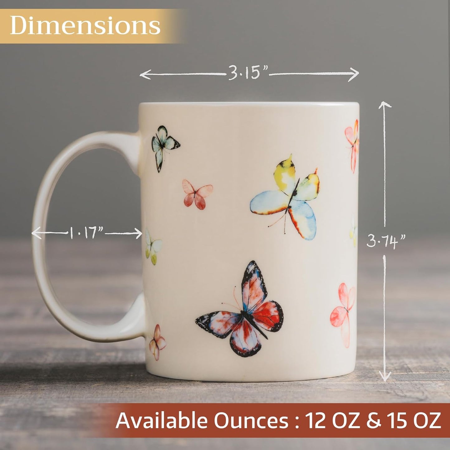 Maison d' Hermine Coffee Mug with Handles Fine Bone China Mugs Pack of One Tea Cups for Hot Beverages Cappuccino Latte Home Restaurant Office Perfect for Gift (Botanical Fresh - Butterflies, 12 Ounce)