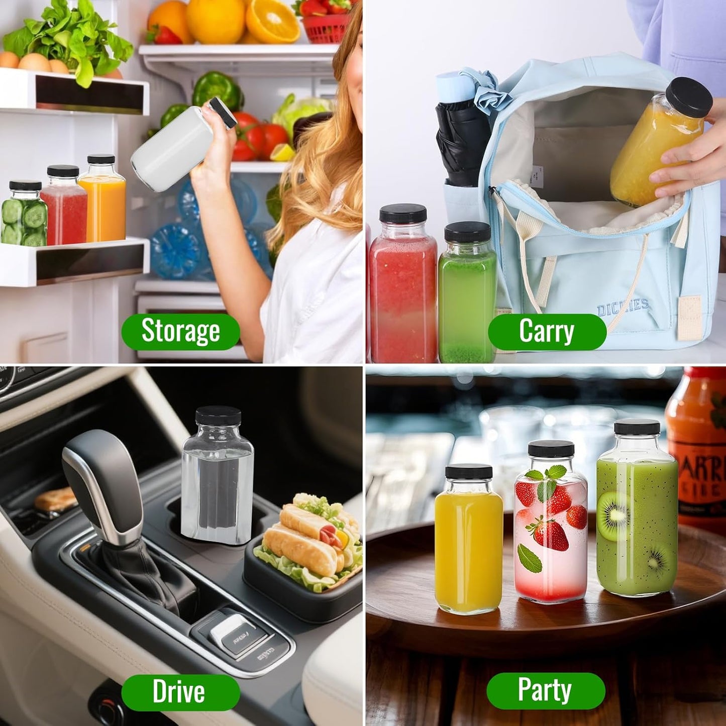 BIGIVACA 16 oz Glass Juice Bottles with Lids,3 PACK Bottles for Juicing,Square Drinking Jars Glass for Coffee,Cola,Milk,Tea in Travel,Work,School