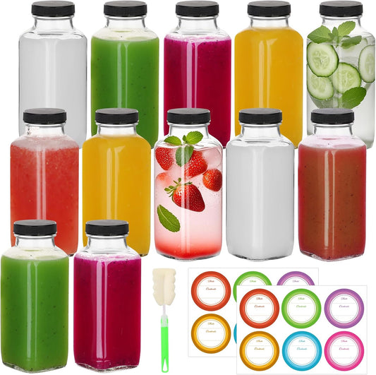 BIGIVACA 12 oz Glass Juice Bottles with Lids,12 PACK Bottles for Juicing,Square Drinking Jars Glass for Coffee,Cola,Milk,Tea in Travel,Work,School