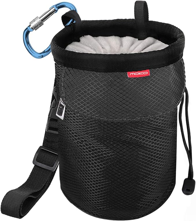 MoKo Rock Climbing Chalk Bag, Bouldering Chalk Pot Bucket with Adjustable Belt & Carabiner Drawstring Climbing Gear