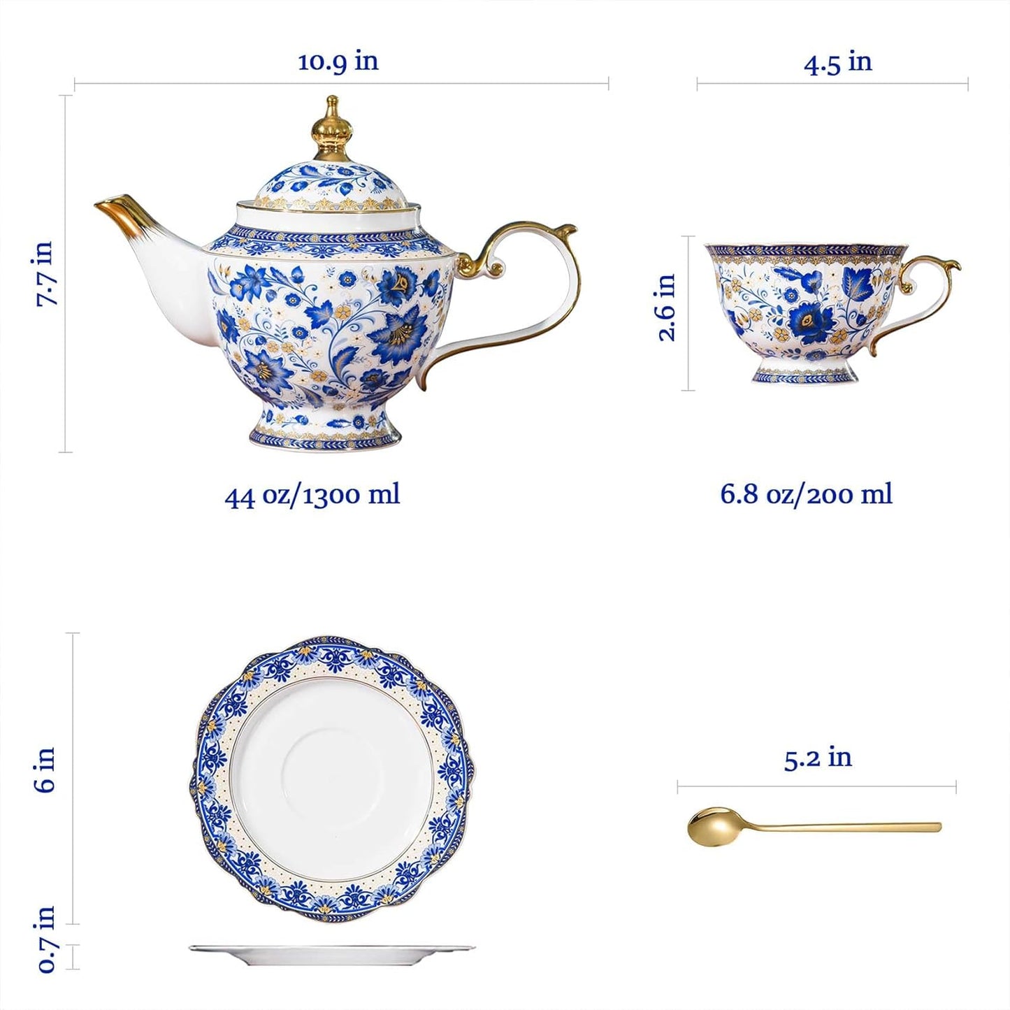 ACMLIFE Bone China Tea Set for Adults, Blue and White Tea Set for 4, Porcelain Vintage Floral China Sets for Women Party with Teapot or Gift Giving (Blue and White)