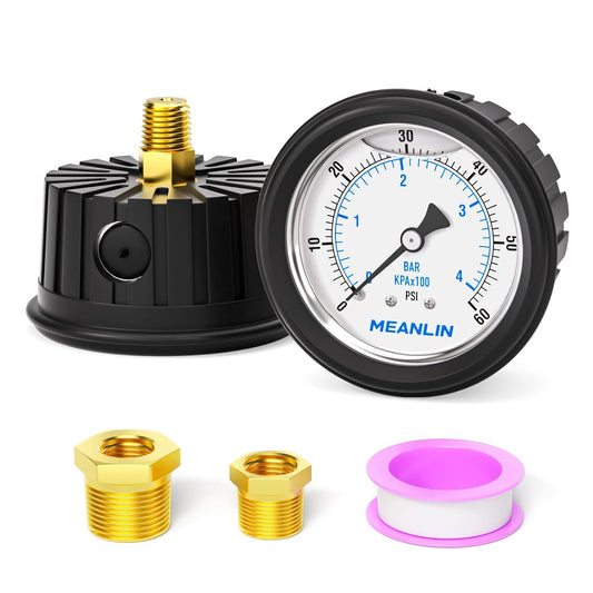 MEANLIN MEASURE 0~60Psi Stainless Steel 1/4" NPT 2.5" FACE DIAL Liquid Filled Pressure Gauge, Center Back Mount (with Rubber Protective Sleeve), with 1/2" NPT and 3/8" NPT Hex Bushing