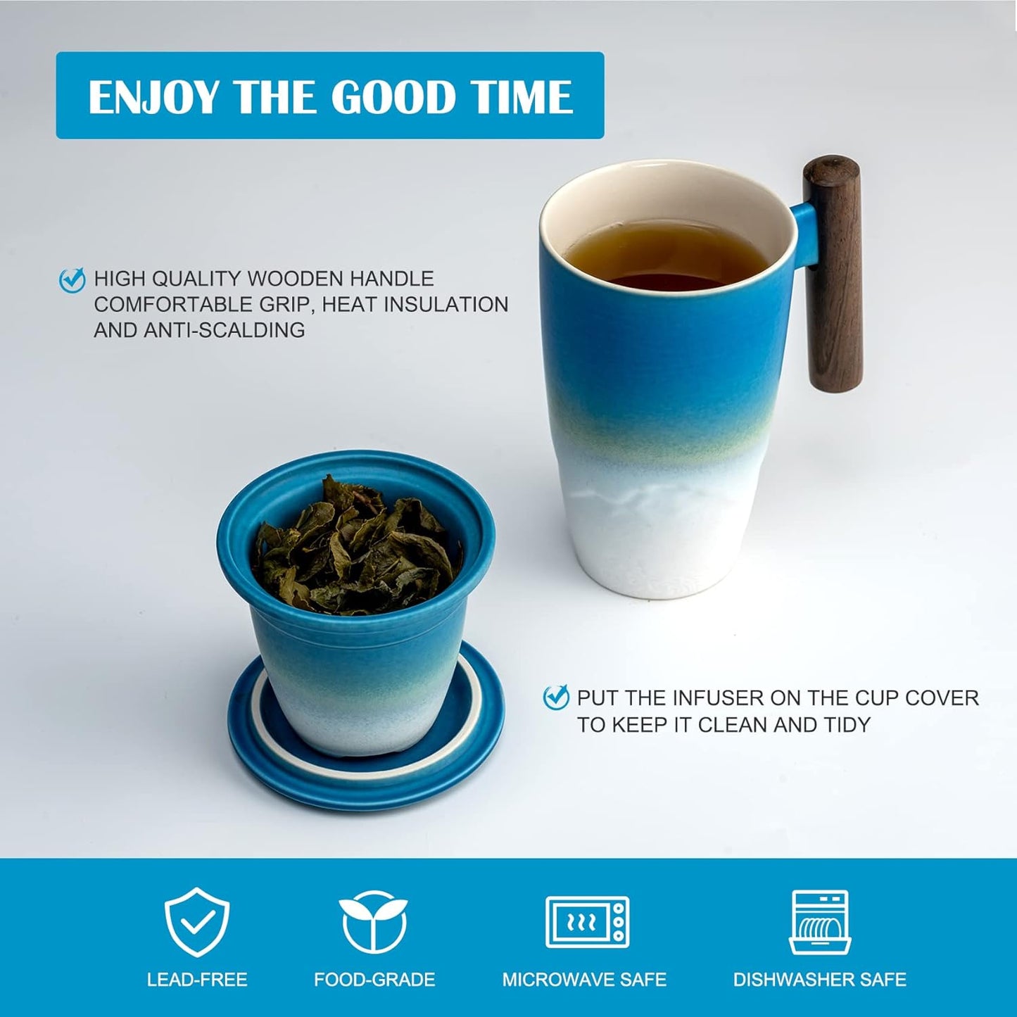 suyika Tomotime Ceramic Tea Cup with Infuser and Lid Tea Mugs Wooden Handle 400ml/13.5oz (Cyan blue)