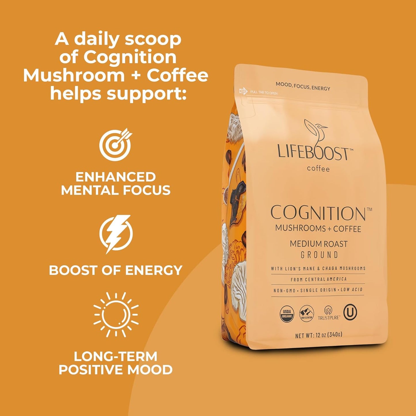 Lifeboost Cognition Adaptogenic Mushroom Coffee - Great Tasting Organic Lions Mane & Chaga Medium Roast Nootropic Coffee - Increase Energy, Boost Focus & Immune Support - 12 oz Bag - Ground