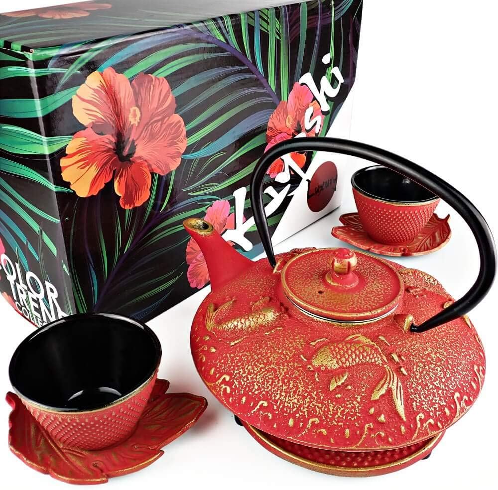 7PC Japanese Tea Set."Red Koi" Cast Iron Tea Pot with 2 Tea Cups, 2 Saucers, Tea Infuser and Teapot Trivet. Ceremonial Matcha Accessories