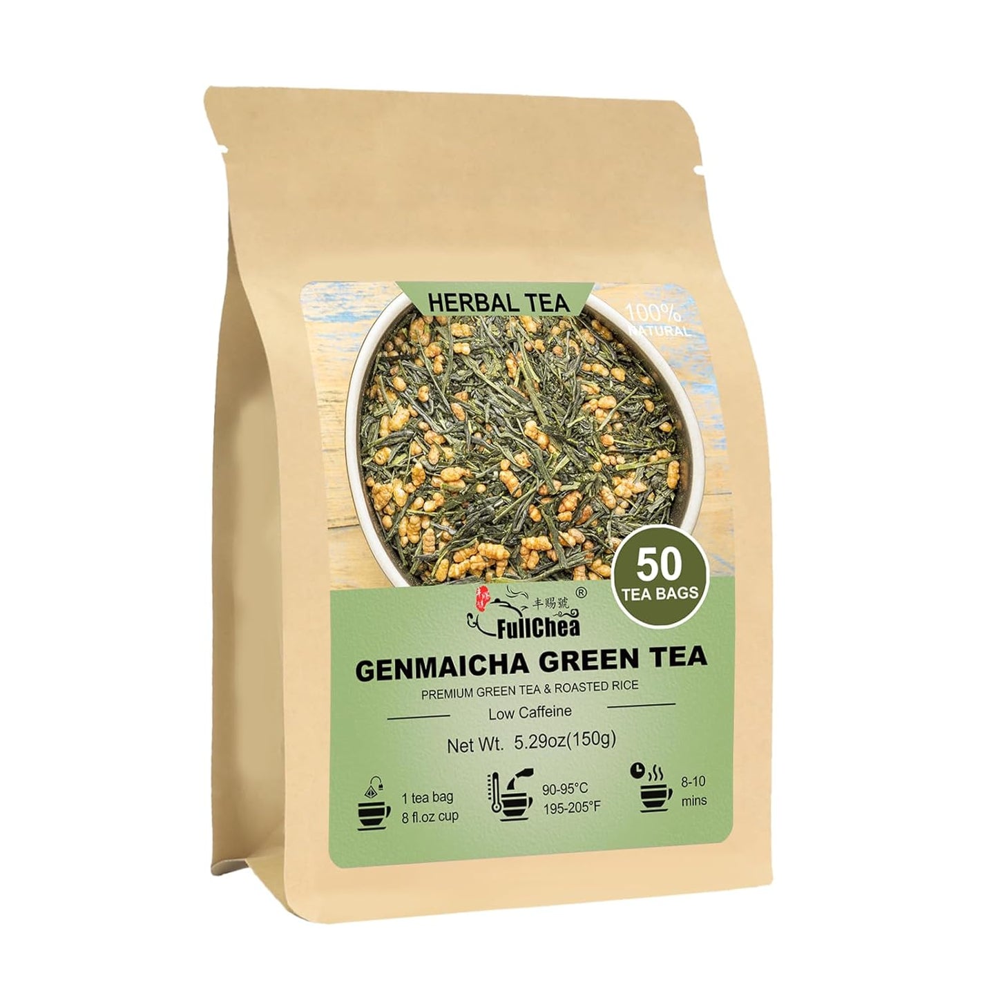FullChea - Genmaicha Tea bags, 50 Teabags - Genmaicha Green Tea with Roasted Rice, Nutty & Refreshing - Low Caffeine - Soothing & Digestive, Perfect for Daily Relaxation