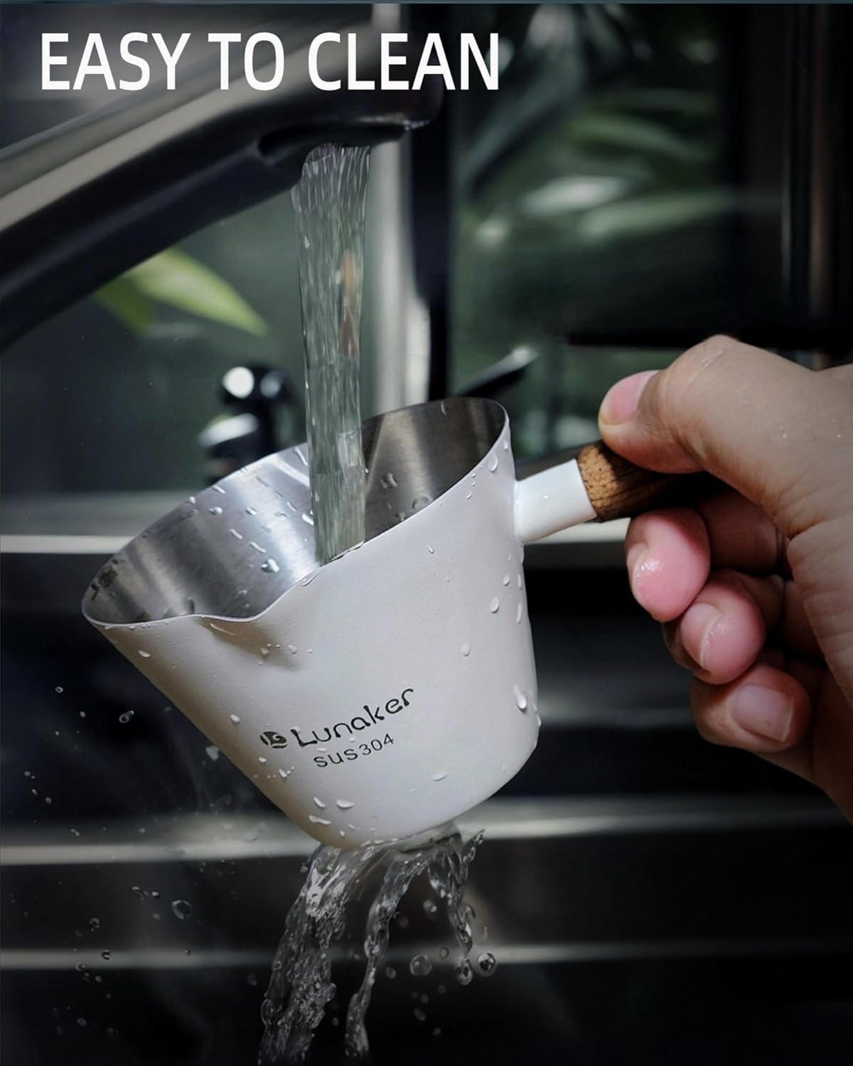 Stainless Steel Espresso Cup - Espresso Shot Cup with Wooden Handle -Measuring Cup with Double Spouts - 4.1OZ/120ML, White