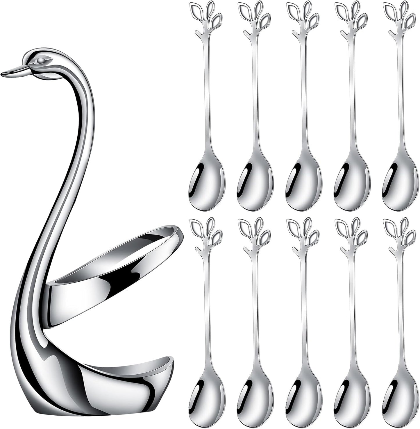 AnSaw Silver Small Coffee Spoon Holder Set,Swan Base With 10 Pcs Demitasse Espresso Spoons Set,4.7" Mini Leaf Dessert Spoon,Stainless Steel Tea Spoons