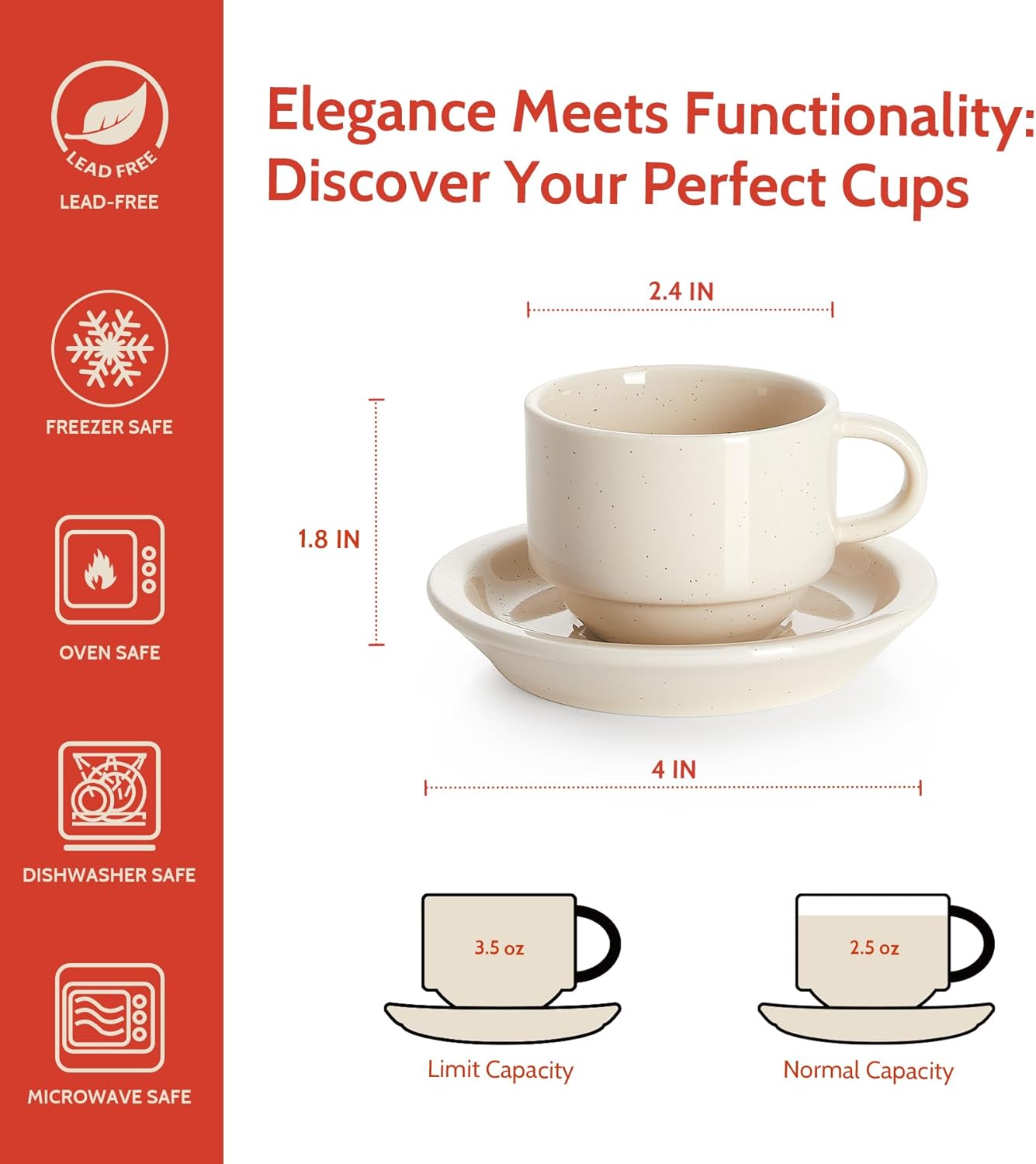 Sweese Porcelain Espresso Cups Set, 2.5 oz, Stackable with Saucers Metal Stand, Beige, 4 Pack