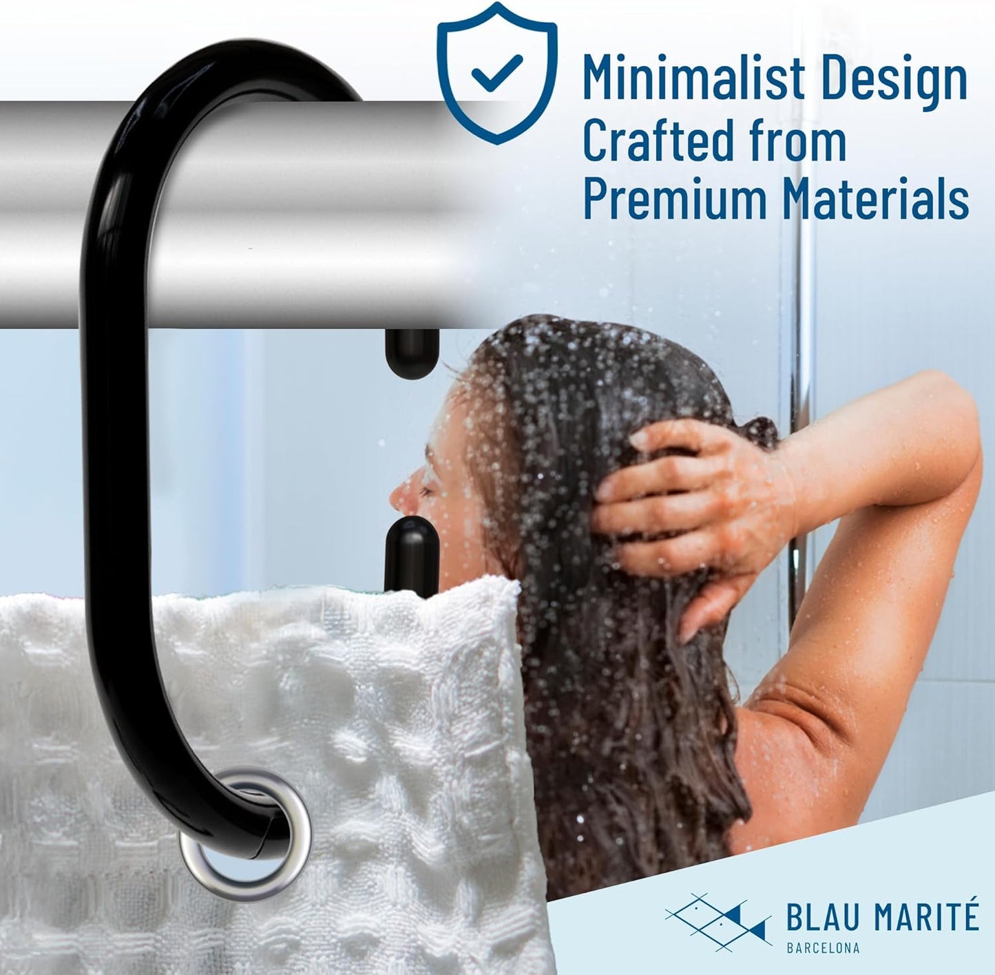 12 Metal Shower Curtain Hooks, Rust-Proof Decorative C-Shaped Curtain Hooks for Bathroom, Black Shower Curtain Rings, Fits Rods Up to 1 Inch (C, Black)