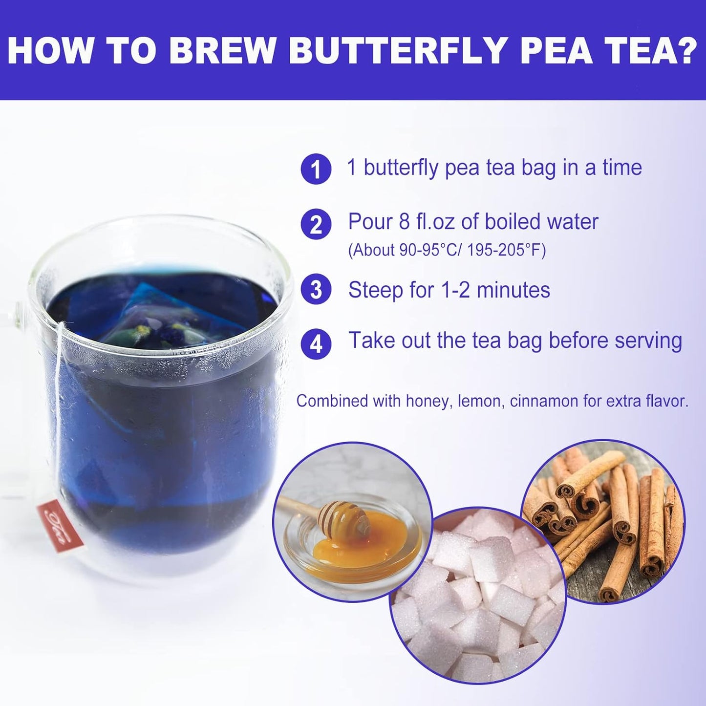 FullChea - Butterfly Pea Flower Tea Bags, 30 Teabags, 1.3g/bag - Premium Dried Butterfly Pea, Cultivated From Thailand - Non-GMO - Caffeine-free - Rich In Antioxidants & Support Eye Health