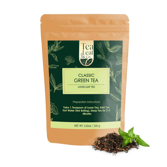 Tealeaf & Co. Classic Green Tea Loose Leaf - 100% Organic Green Tea - Contains Low Caffeine - Upto 50 Servings - Gluten Free (3.52oz/100gm)