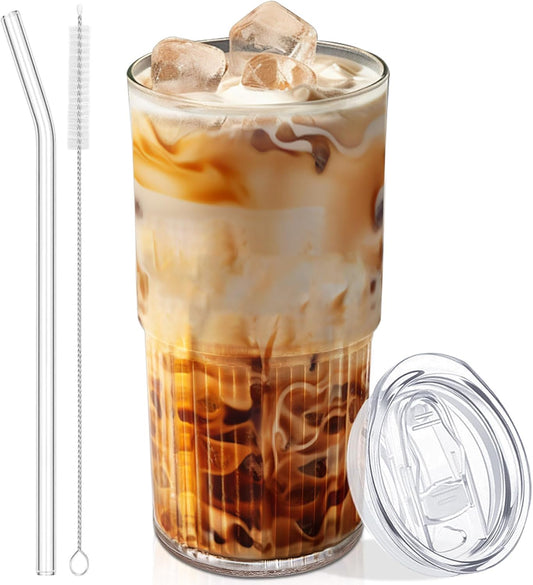 18.5oz Glass Cups with Lids and Straws – Single Reusable Tumbler, Thickened Shatter-Resistant Glass, Ideal for Iced Coffee, Smoothies, Cocktails, Juices – Elegant & Durable Drinkware