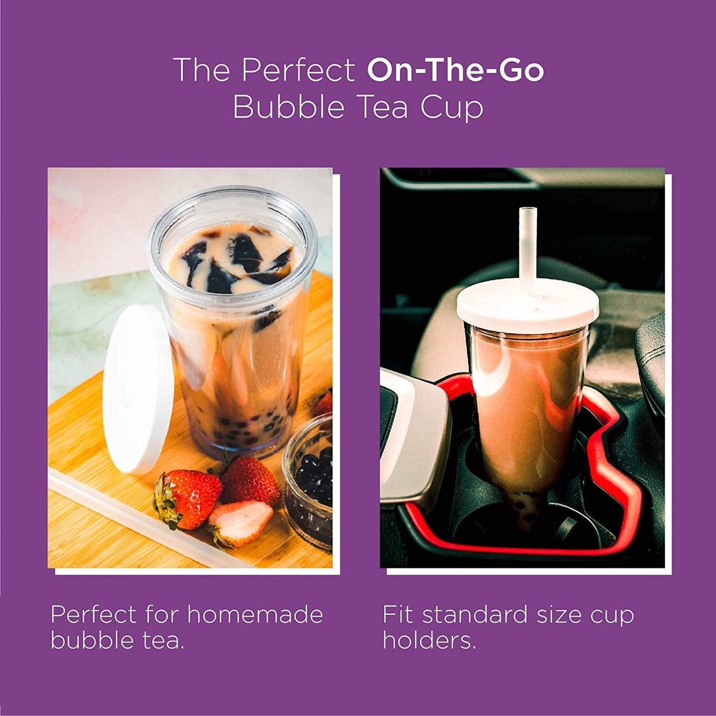 Reusable Boba Cup for Regular Size Bubble Tea (16 Oz), Angled Straws, Leak Proof Design, Double Wall Insulated Bubble Tea Cup
