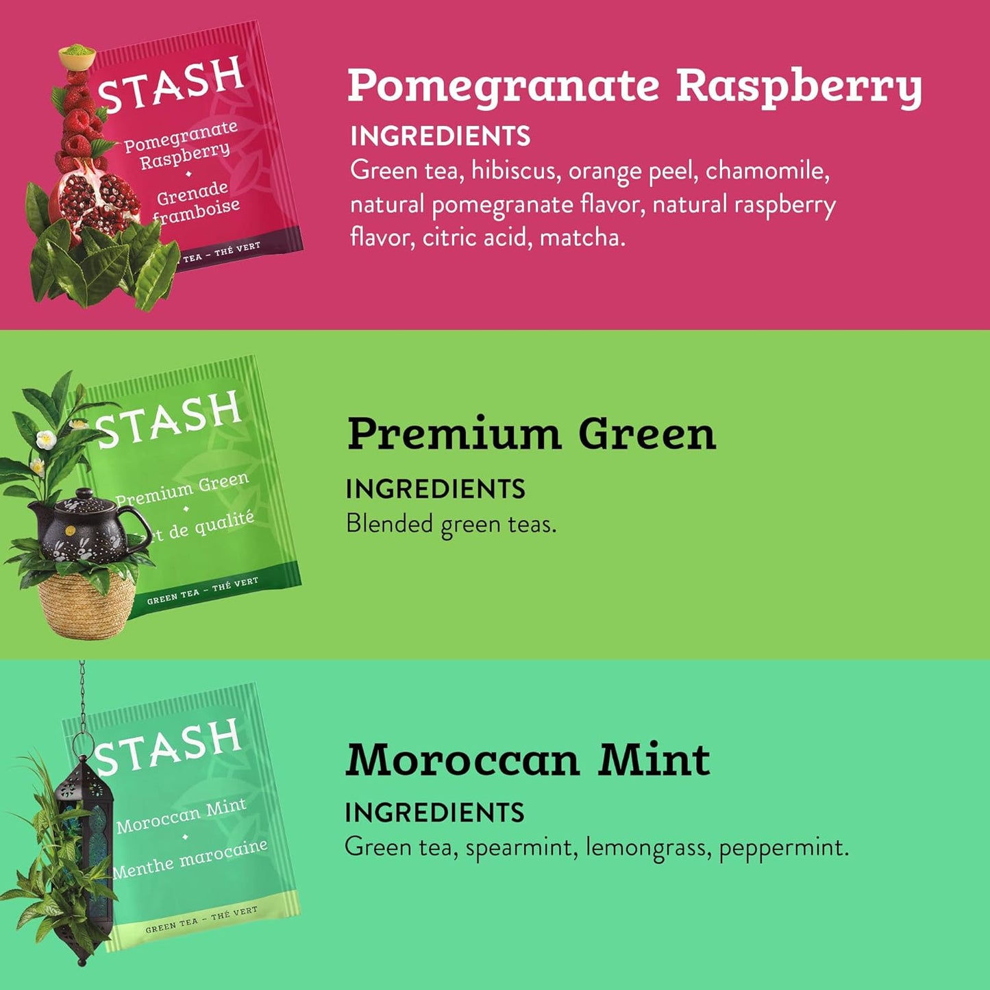 STASH Green Tea Variety Pack – Caffeinated, 6 Boxes of 18-20 Tea Bags Each – Pomegranate Raspberry, Premium Green, Moroccan Mint, Ginger Peach, Chai Green & Asian Pear Harmony