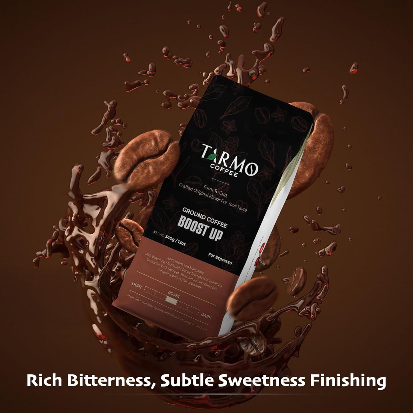 TARMO -BOOST UP | Low Acid ARABICA & ROBUSTA BLEND Ground Coffee | Specialty Vietnamese Coffee | Single Origin - Dark Roast | High Caffeine Coffee Ground | 12 Oz Bag