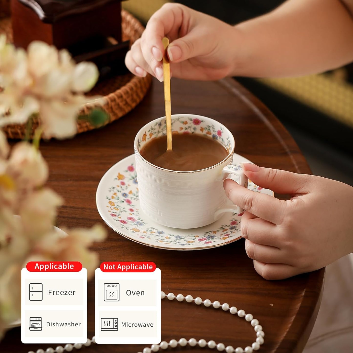 Tea Cups and Saucer Sets,8.8 oz Cappuccino Cups with Saucers and Spoons,3 Pieces, Vintage Style,Embossed Bone China Coffee Cup & Saucer Set For Women Wedding/Birthday/Christmas Gift