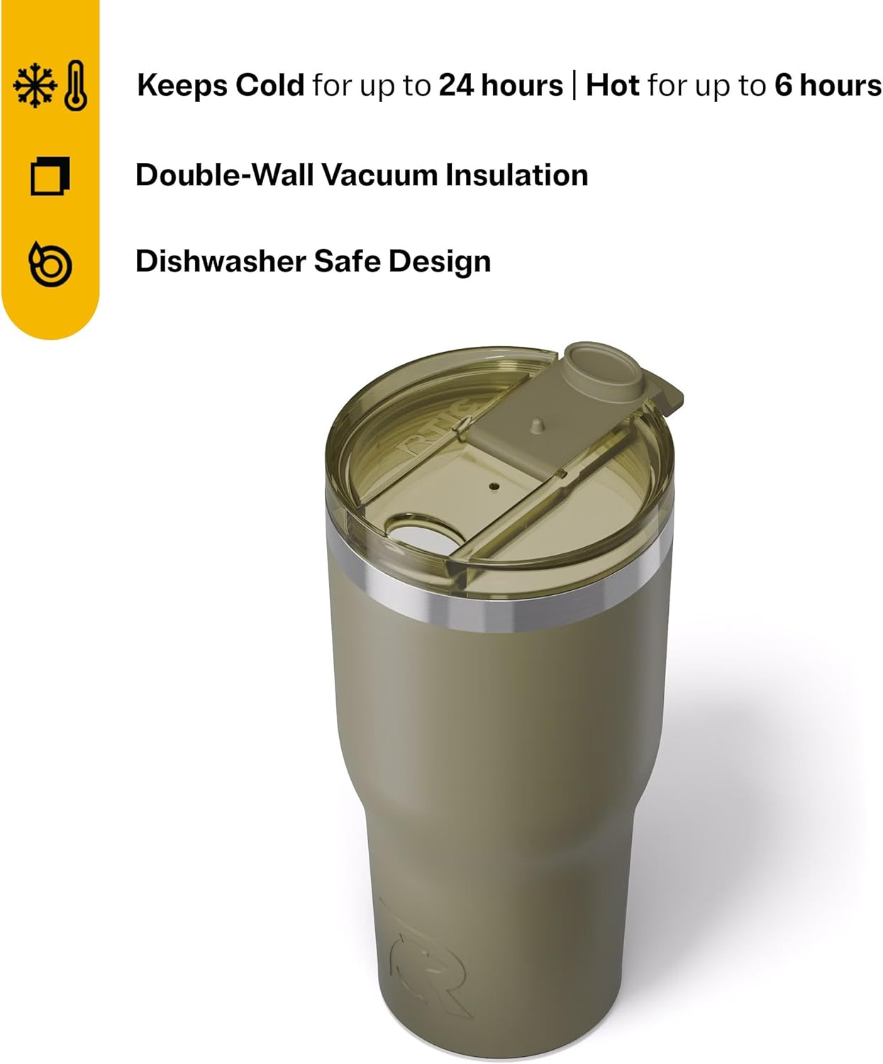 RTIC 30oz Essential Tumbler with Lid, Insulated, Stainless Steel, Metal, Double Wall Vacuum-Insulation, Ceramic Lined, Travel Cup for Iced Coffee, Tea, Hot and Cold Drink, Olive
