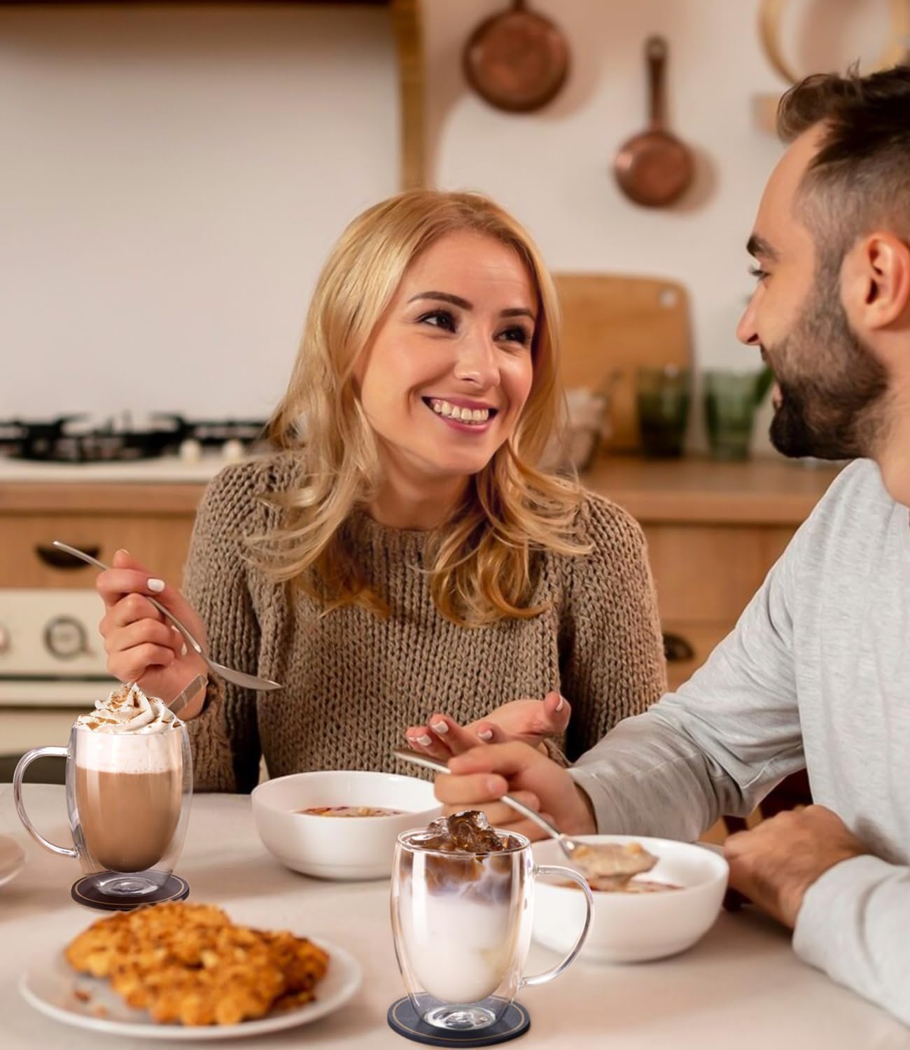 OJA Double Wall Glass Coffee Mugs Set of 4, Hand Blown 12.5OZ Clear Glass Coffee Cups, Insulated Tea Mug, Perfect for Espresso, Cappuccino, Latte, American,Tea Bag, Beverage