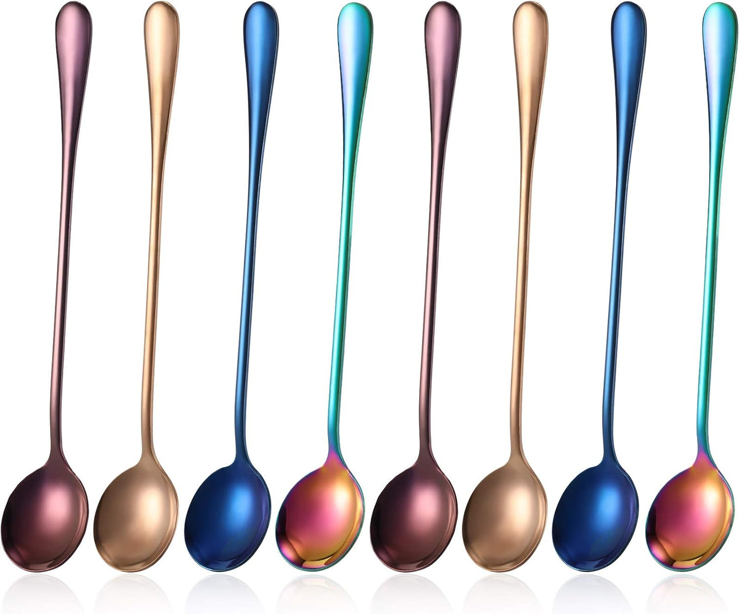 8 Pieces Long Handle Tea Spoon Stainless Steel Coffee Mixing Spoons Teaspoon for Mixing, Cocktail Stirring, Coffee, Milkshake, Cold Drink, 7.48 Inch (Round Style)