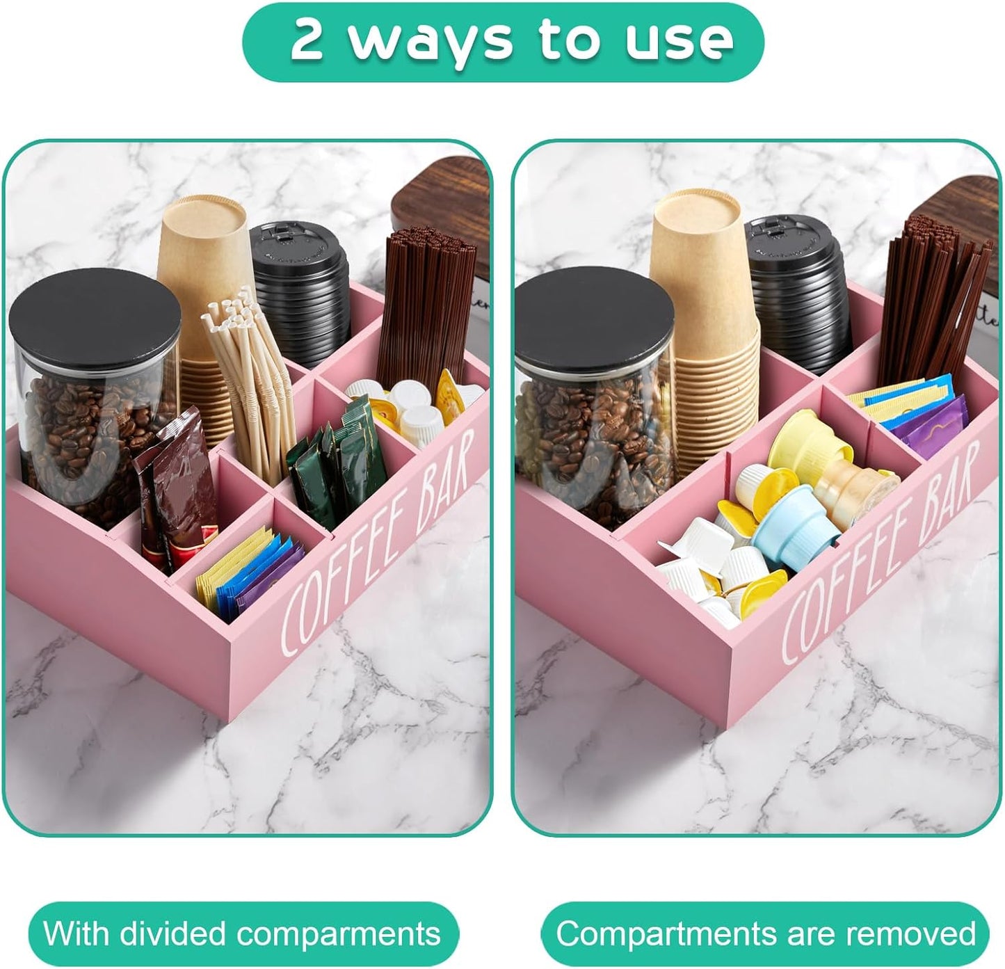 ALELION Pink Coffee Station Organizer for Countertop - 7 Compartments Coffee Bar Accessories and Organizer with Removable Dividers - for Pink Kitchen Coffee Bar Decor