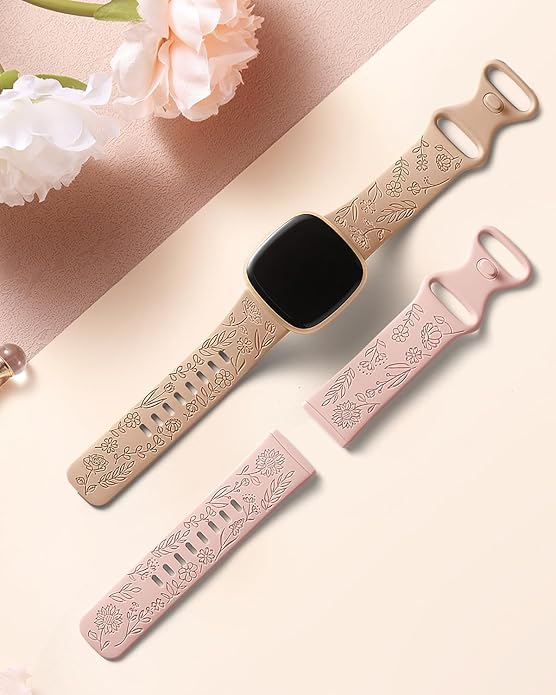 SNBLK 2 Pack Engraved Bands Only Compatible with Fitbit Versa 3/Fitbit Sense/Fitbit Versa 4/Fitbit Sense 2 Bands Four Models, Sunflower Rose Elegant Soft TPU Floral Pattern Replacement Strap Women