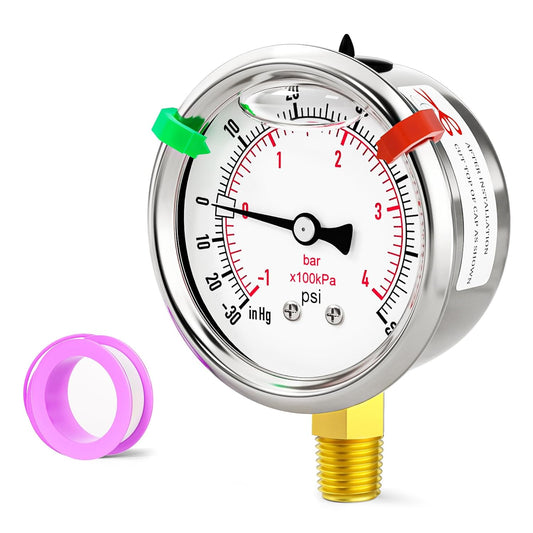 -30inHG-60psi Stainless Steel Glycerin Liquid Filled Vacuum Pressure Gauge 1/4" NPT 2.5" Face Dial Center Lower Mount, for Water, Oil and Air Pressure Testing (with Range Mark Pointer)